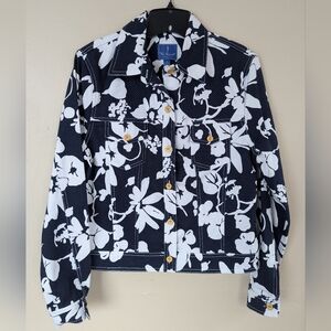 Tori Richard Honolulu Floral Collared Jacket, Navy Blue, White, & Gold (SIZE 10)